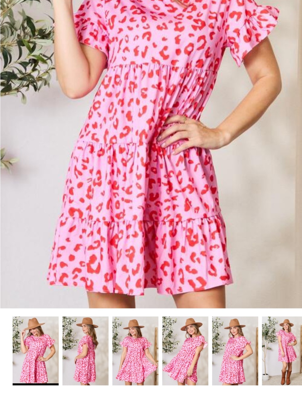 Pink Leopard Short Flounce Sleeve Tiered Dress - Picture 2 of 4